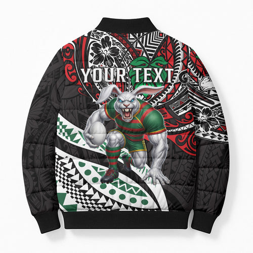 Personalised South Sydney Rabbitohs Bomber Puffer Jacket Polynesian Tribal Art Style With Powerful Rabbit Mascot