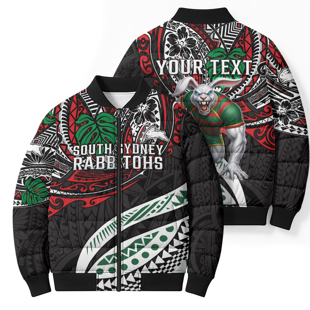 Personalised South Sydney Rabbitohs Bomber Puffer Jacket Polynesian Tribal Art Style With Powerful Rabbit Mascot