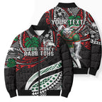 Personalised South Sydney Rabbitohs Bomber Puffer Jacket Polynesian Tribal Art Style With Powerful Rabbit Mascot