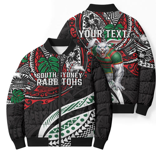 Personalised South Sydney Rabbitohs Bomber Puffer Jacket Polynesian Tribal Art Style With Powerful Rabbit Mascot
