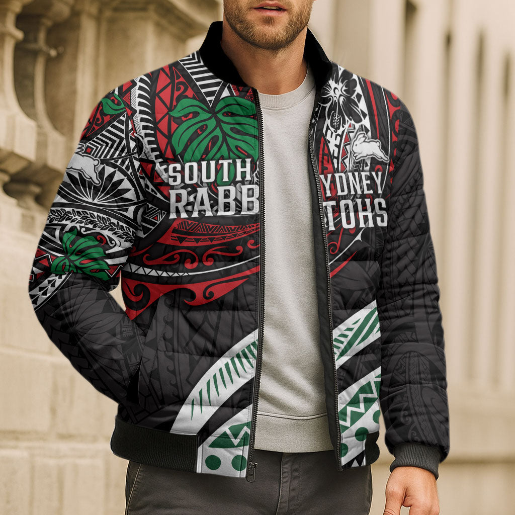 Personalised South Sydney Rabbitohs Bomber Puffer Jacket Polynesian Tribal Art Style With Powerful Rabbit Mascot