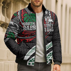 Personalised South Sydney Rabbitohs Bomber Puffer Jacket Polynesian Tribal Art Style With Powerful Rabbit Mascot