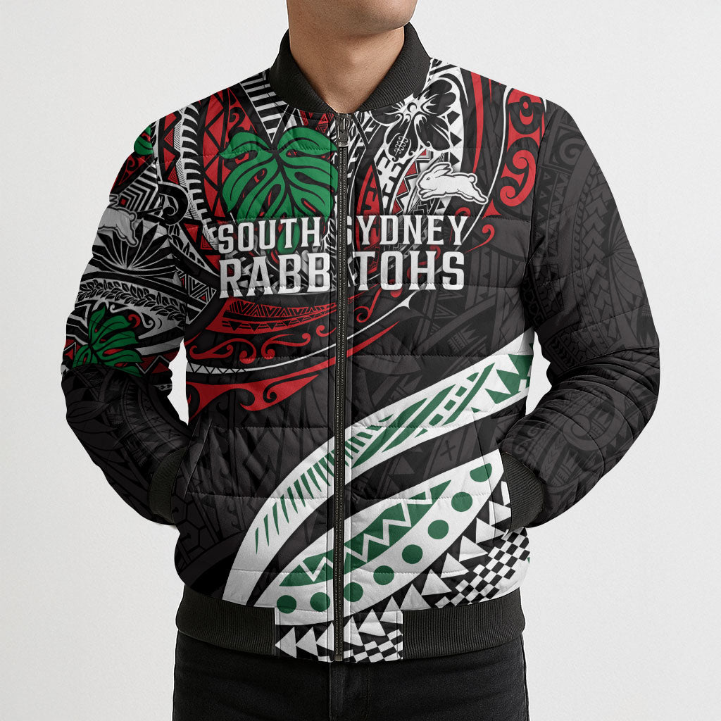 Personalised South Sydney Rabbitohs Bomber Puffer Jacket Polynesian Tribal Art Style With Powerful Rabbit Mascot