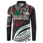 Personalised South Sydney Rabbitohs Button Sweatshirt Polynesian Tribal Art Style With Powerful Rabbit Mascot