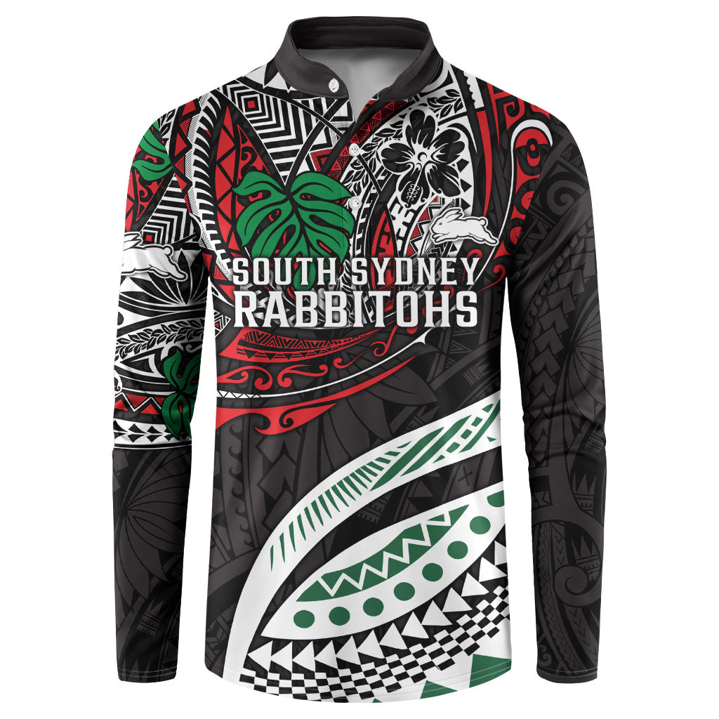 Personalised South Sydney Rabbitohs Button Sweatshirt Polynesian Tribal Art Style With Powerful Rabbit Mascot