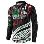 Personalised South Sydney Rabbitohs Button Sweatshirt Polynesian Tribal Art Style With Powerful Rabbit Mascot