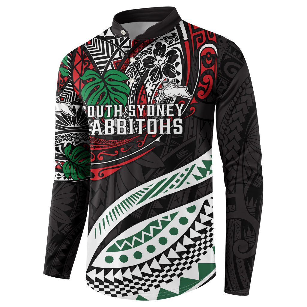Personalised South Sydney Rabbitohs Button Sweatshirt Polynesian Tribal Art Style With Powerful Rabbit Mascot
