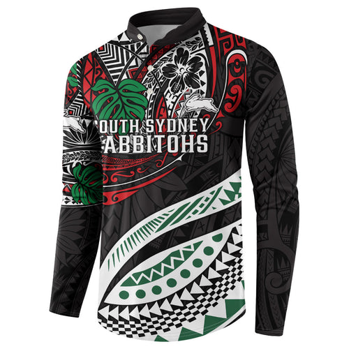 Personalised South Sydney Rabbitohs Button Sweatshirt Polynesian Tribal Art Style With Powerful Rabbit Mascot