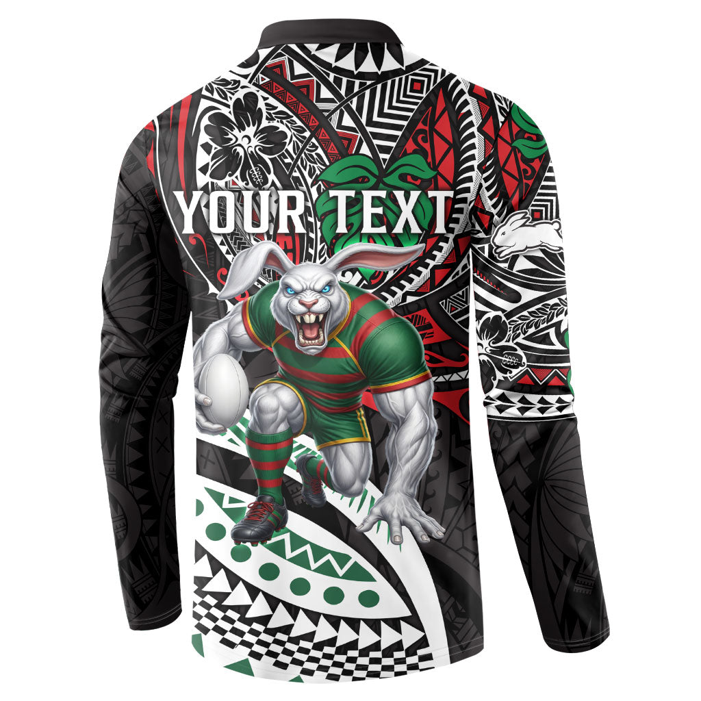 Personalised South Sydney Rabbitohs Button Sweatshirt Polynesian Tribal Art Style With Powerful Rabbit Mascot