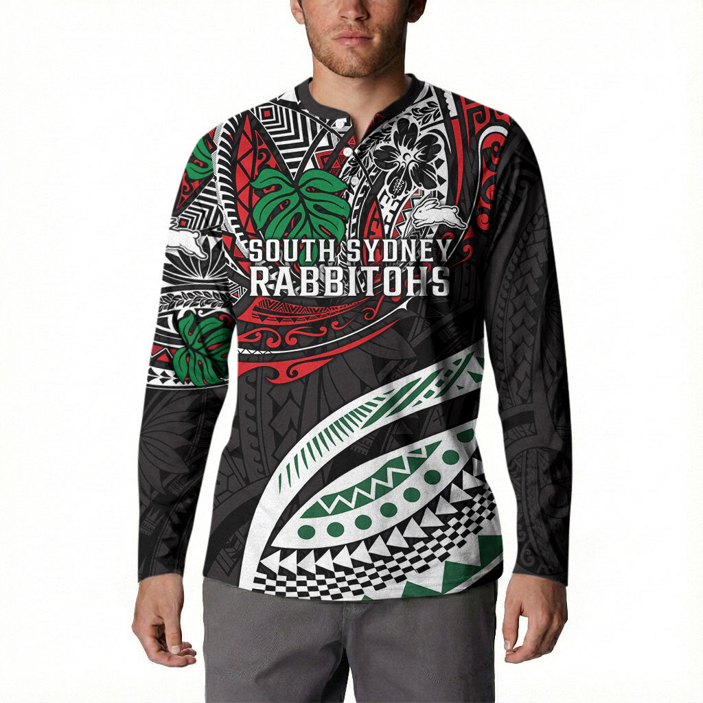 Personalised South Sydney Rabbitohs Button Sweatshirt Polynesian Tribal Art Style With Powerful Rabbit Mascot