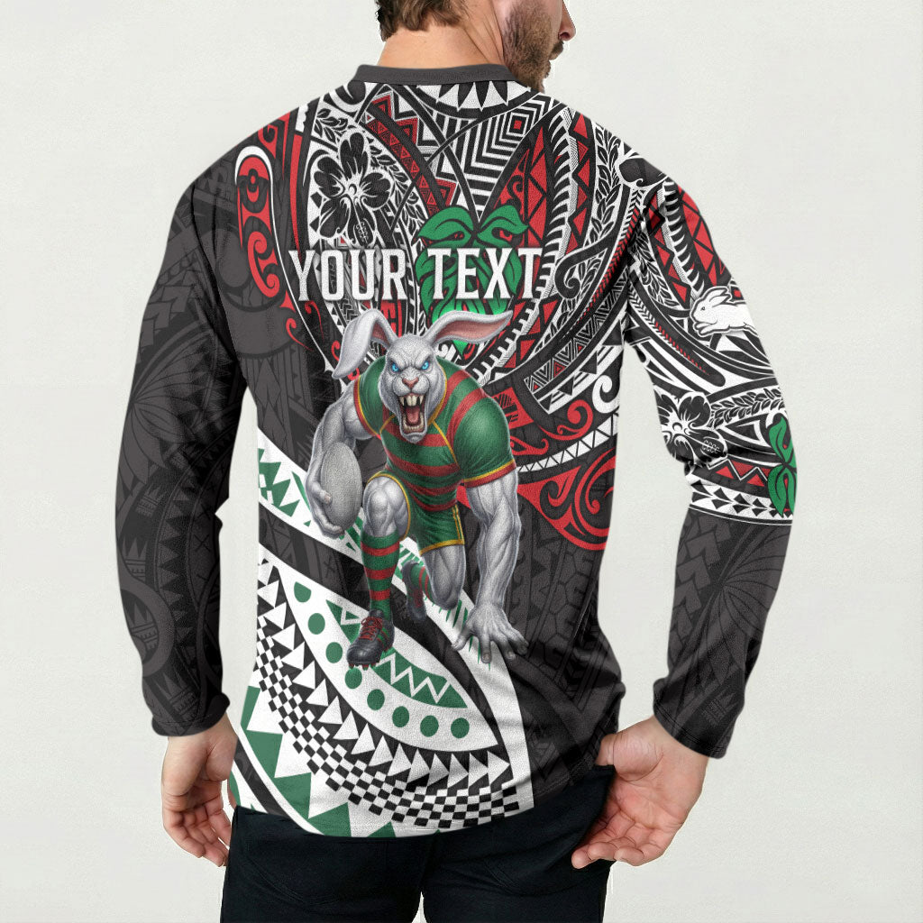 Personalised South Sydney Rabbitohs Button Sweatshirt Polynesian Tribal Art Style With Powerful Rabbit Mascot
