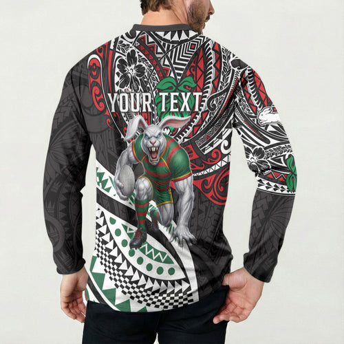 Personalised South Sydney Rabbitohs Button Sweatshirt Polynesian Tribal Art Style With Powerful Rabbit Mascot
