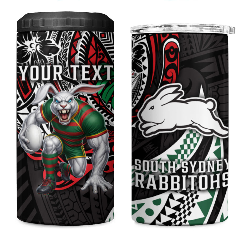 Personalised South Sydney Rabbitohs 4 in 1 Can Cooler Tumbler Polynesian Tribal Art Style With Powerful Rabbit Mascot