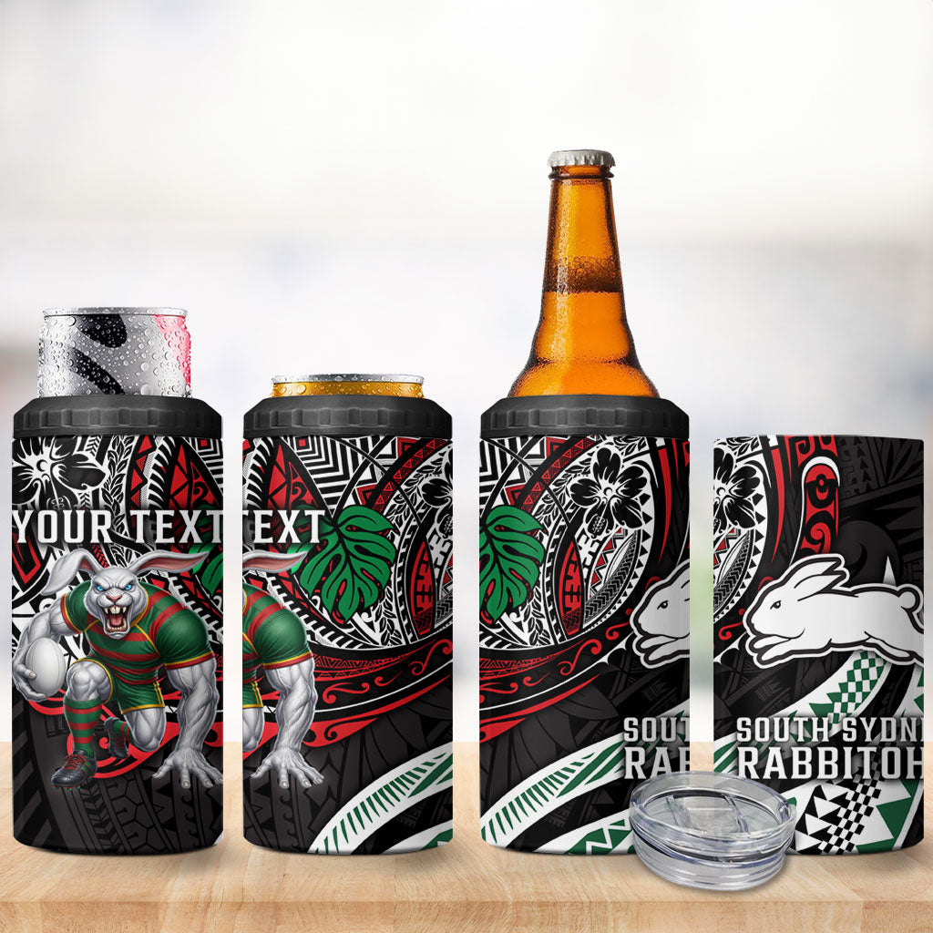Personalised South Sydney Rabbitohs 4 in 1 Can Cooler Tumbler Polynesian Tribal Art Style With Powerful Rabbit Mascot