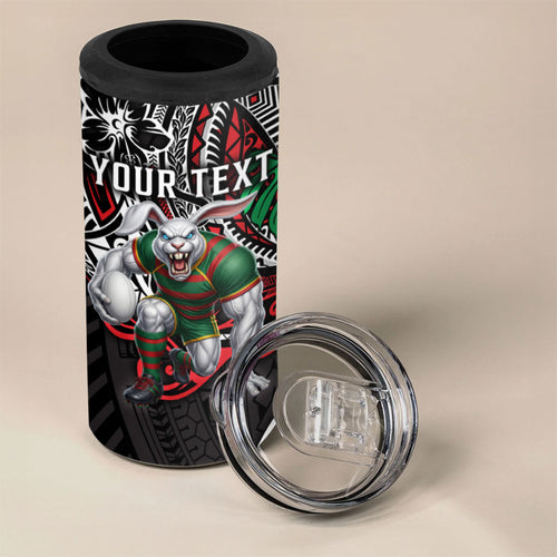 Personalised South Sydney Rabbitohs 4 in 1 Can Cooler Tumbler Polynesian Tribal Art Style With Powerful Rabbit Mascot