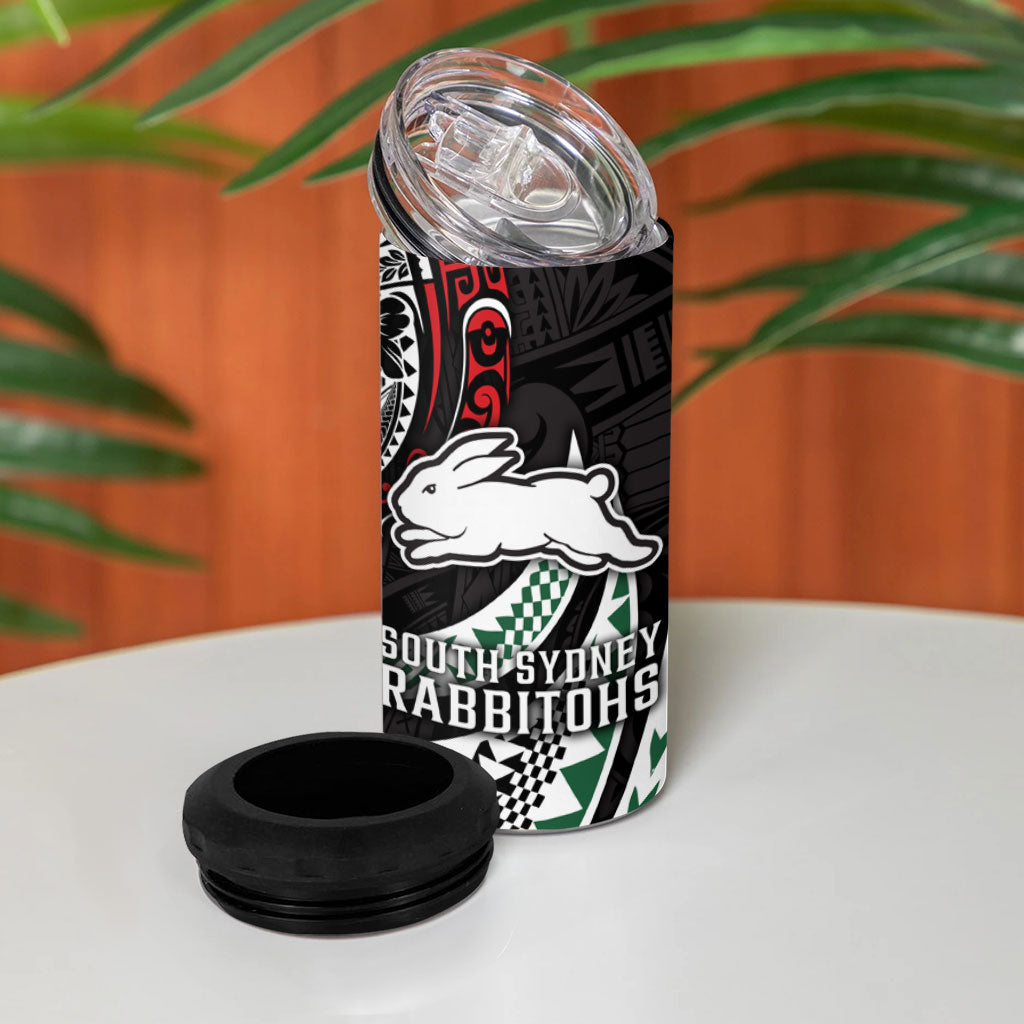 Personalised South Sydney Rabbitohs 4 in 1 Can Cooler Tumbler Polynesian Tribal Art Style With Powerful Rabbit Mascot