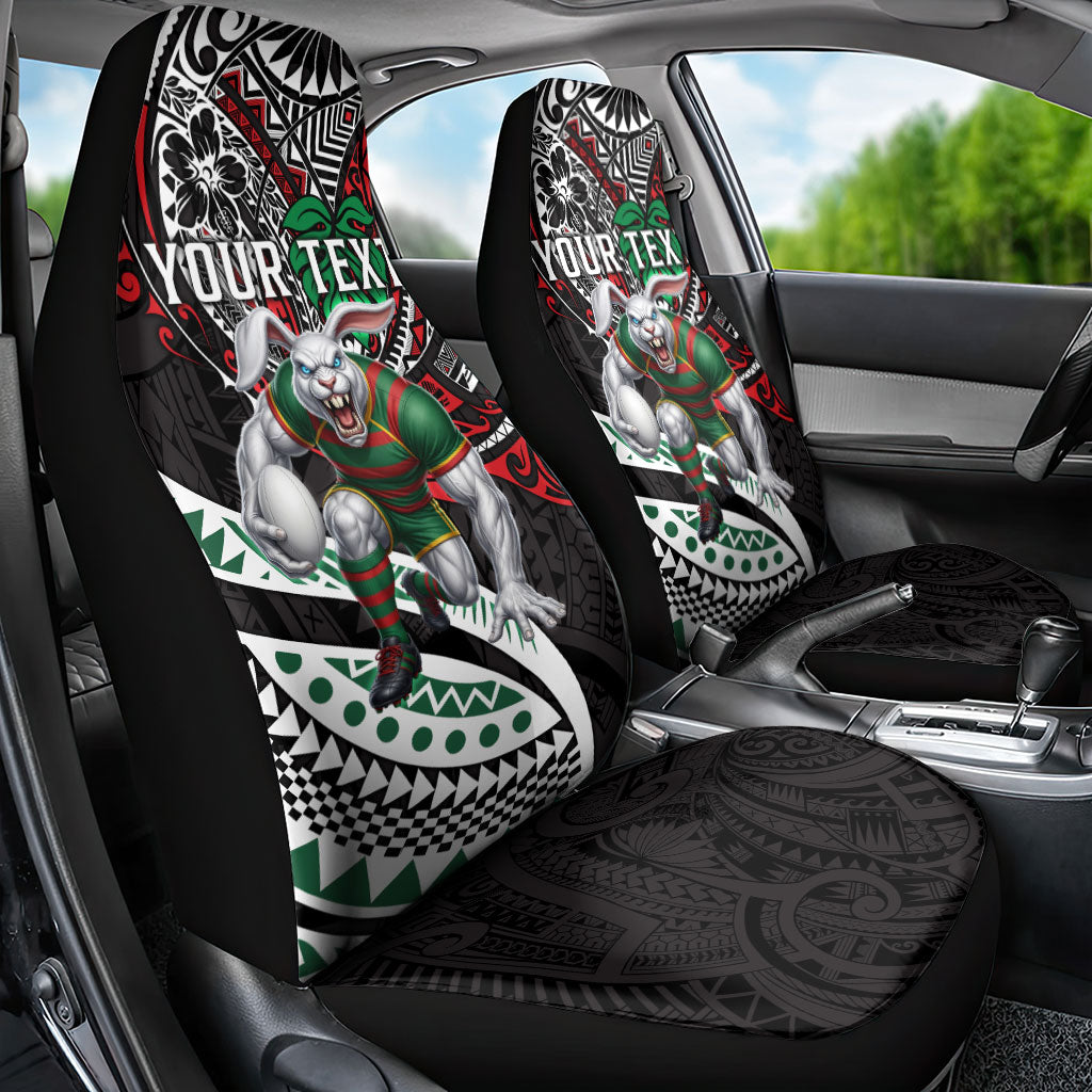 Personalised South Sydney Rabbitohs Car Seat Cover Polynesian Tribal Art Style With Powerful Rabbit Mascot