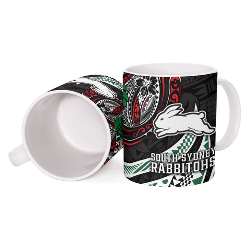 Personalised South Sydney Rabbitohs Ceramic Mug Polynesian Tribal Art Style With Powerful Rabbit Mascot