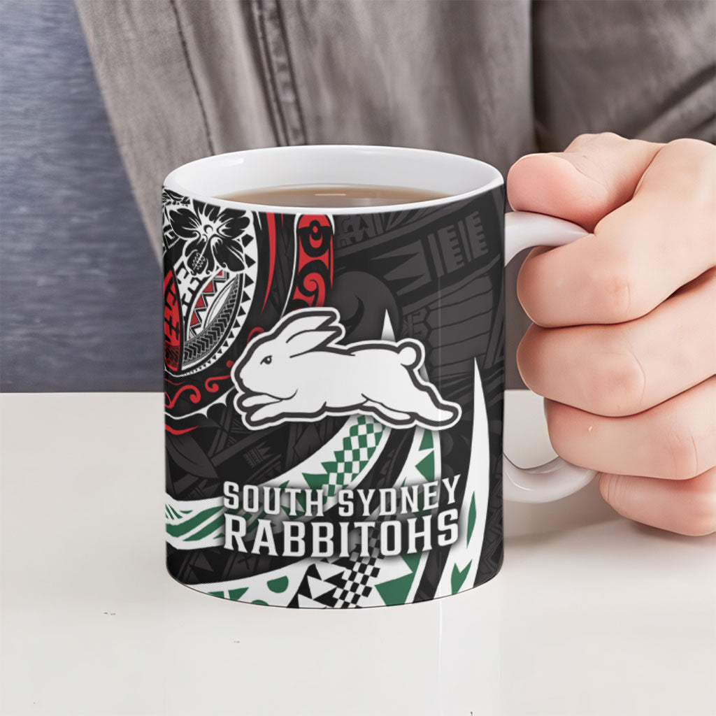 Personalised South Sydney Rabbitohs Ceramic Mug Polynesian Tribal Art Style With Powerful Rabbit Mascot