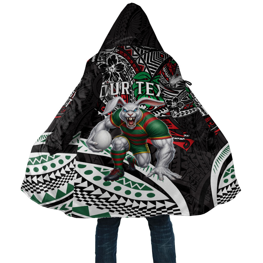 Personalised South Sydney Rabbitohs Cloak Polynesian Tribal Art Style With Powerful Rabbit Mascot