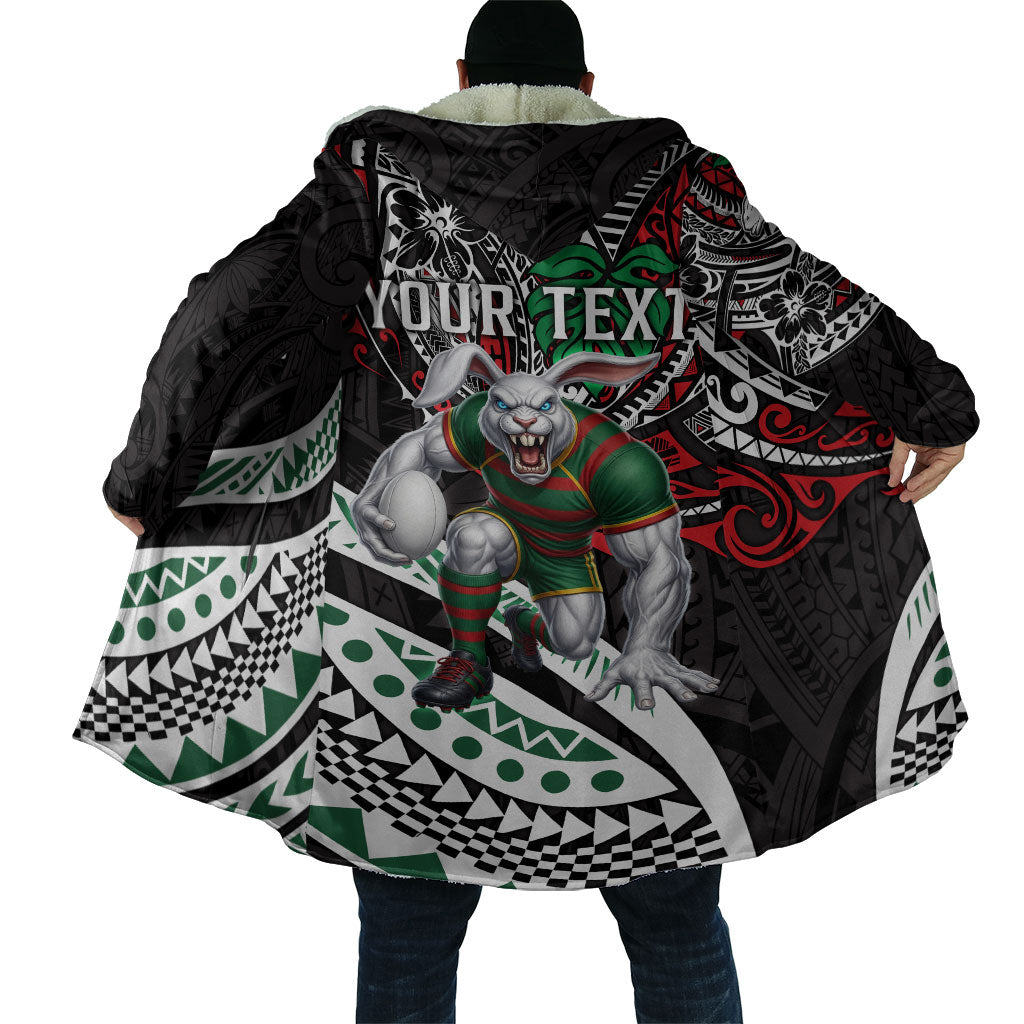 Personalised South Sydney Rabbitohs Cloak Polynesian Tribal Art Style With Powerful Rabbit Mascot