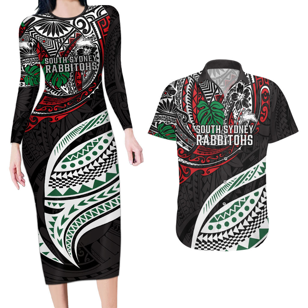 Personalised South Sydney Rabbitohs Couples Matching Long Sleeve Bodycon Dress and Hawaiian Shirt Polynesian Tribal Art Style With Powerful Rabbit Mascot