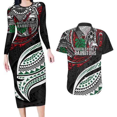 Personalised South Sydney Rabbitohs Couples Matching Long Sleeve Bodycon Dress and Hawaiian Shirt Polynesian Tribal Art Style With Powerful Rabbit Mascot