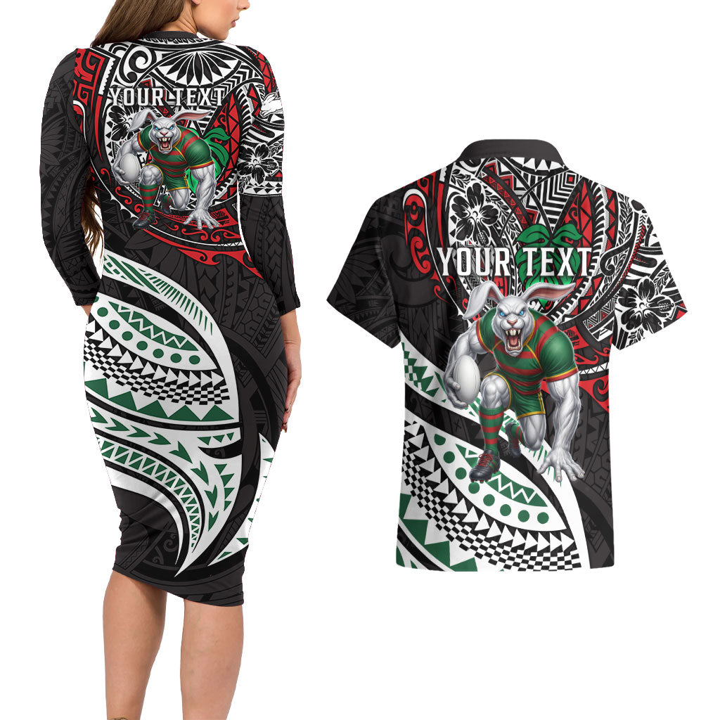 Personalised South Sydney Rabbitohs Couples Matching Long Sleeve Bodycon Dress and Hawaiian Shirt Polynesian Tribal Art Style With Powerful Rabbit Mascot