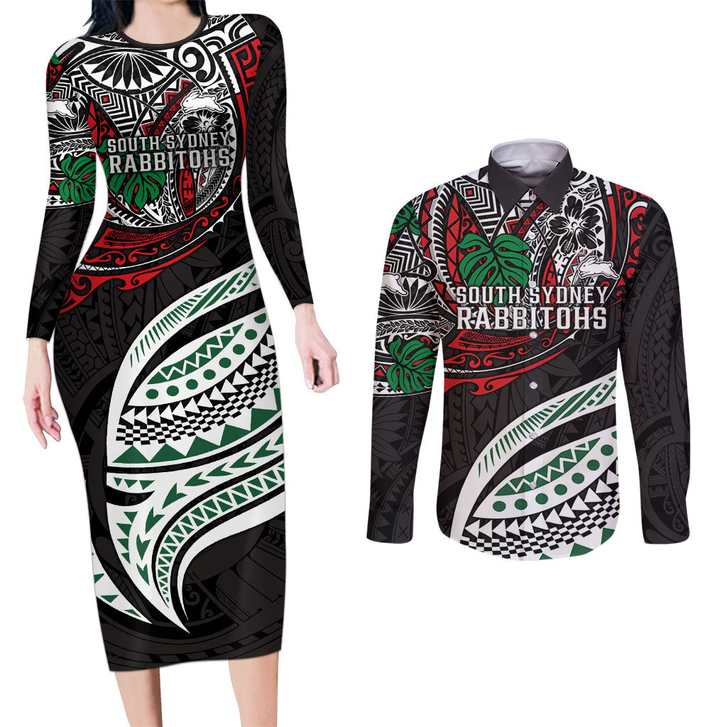 Personalised South Sydney Rabbitohs Couples Matching Long Sleeve Bodycon Dress and Long Sleeve Button Shirt Polynesian Tribal Art Style With Powerful Rabbit Mascot