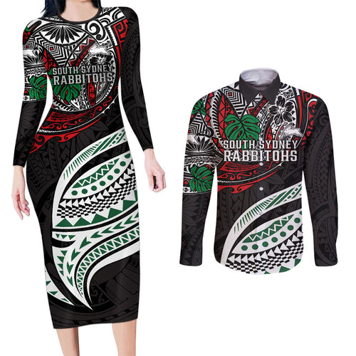 Personalised South Sydney Rabbitohs Couples Matching Long Sleeve Bodycon Dress and Long Sleeve Button Shirt Polynesian Tribal Art Style With Powerful Rabbit Mascot