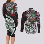 Personalised South Sydney Rabbitohs Couples Matching Long Sleeve Bodycon Dress and Long Sleeve Button Shirt Polynesian Tribal Art Style With Powerful Rabbit Mascot