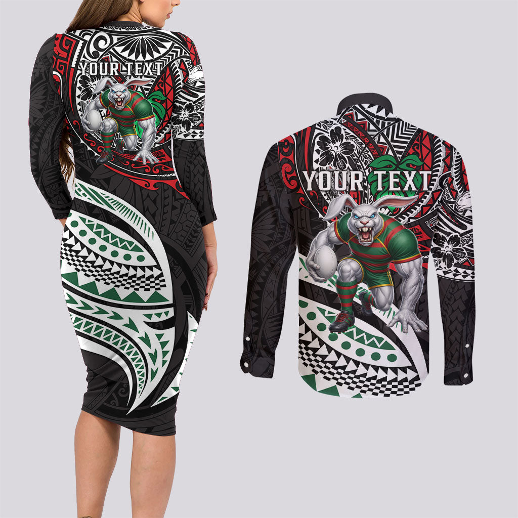 Personalised South Sydney Rabbitohs Couples Matching Long Sleeve Bodycon Dress and Long Sleeve Button Shirt Polynesian Tribal Art Style With Powerful Rabbit Mascot