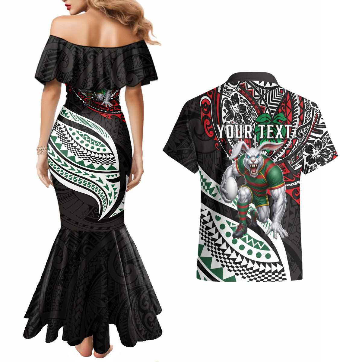 Personalised South Sydney Rabbitohs Couples Matching Mermaid Dress and Hawaiian Shirt Polynesian Tribal Art Style With Powerful Rabbit Mascot