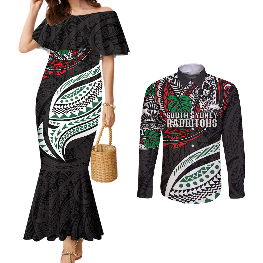 Personalised South Sydney Rabbitohs Couples Matching Mermaid Dress and Long Sleeve Button Shirt Polynesian Tribal Art Style With Powerful Rabbit Mascot