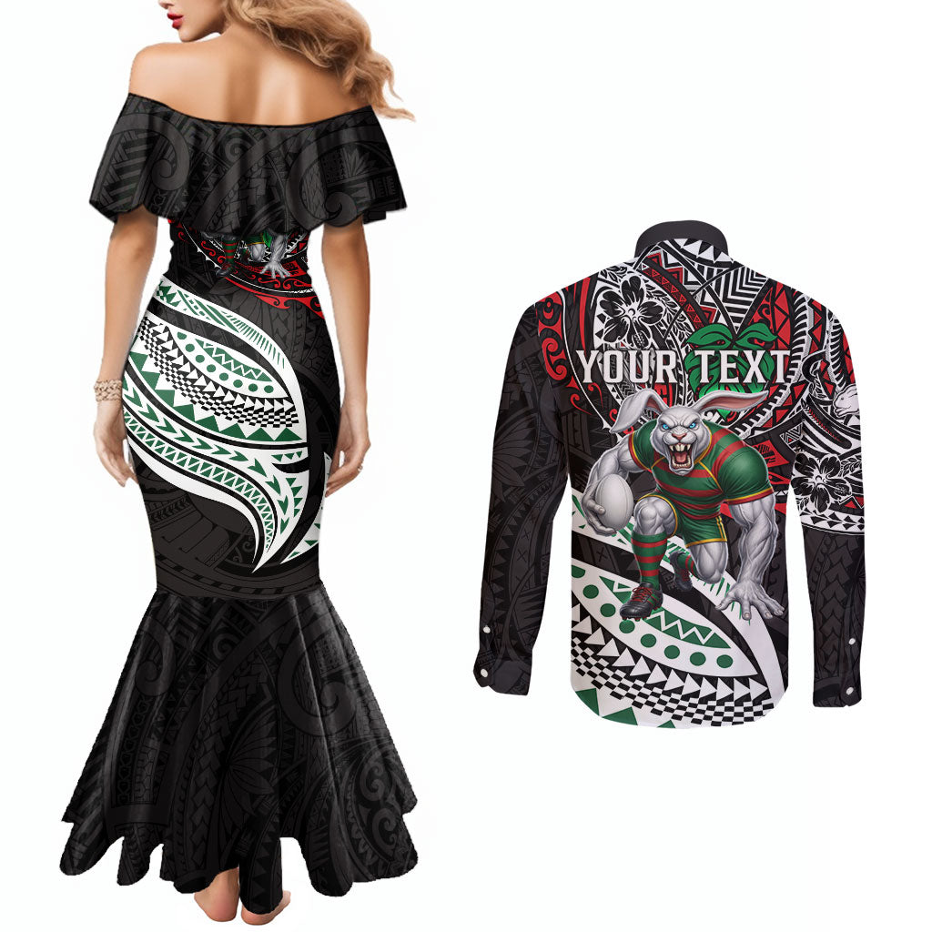 Personalised South Sydney Rabbitohs Couples Matching Mermaid Dress and Long Sleeve Button Shirt Polynesian Tribal Art Style With Powerful Rabbit Mascot
