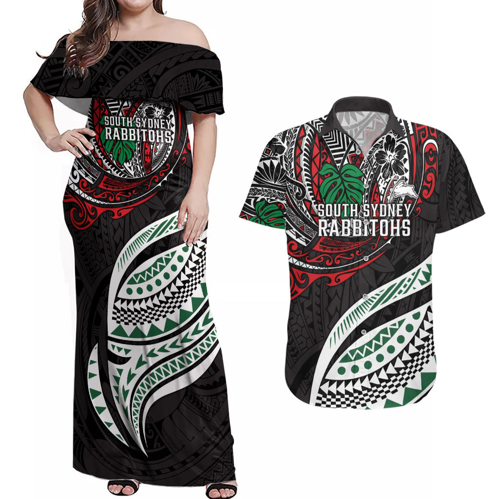 Personalised South Sydney Rabbitohs Couples Matching Off Shoulder Maxi Dress and Hawaiian Shirt Polynesian Tribal Art Style With Powerful Rabbit Mascot
