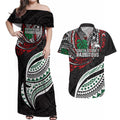 Personalised South Sydney Rabbitohs Couples Matching Off Shoulder Maxi Dress and Hawaiian Shirt Polynesian Tribal Art Style With Powerful Rabbit Mascot