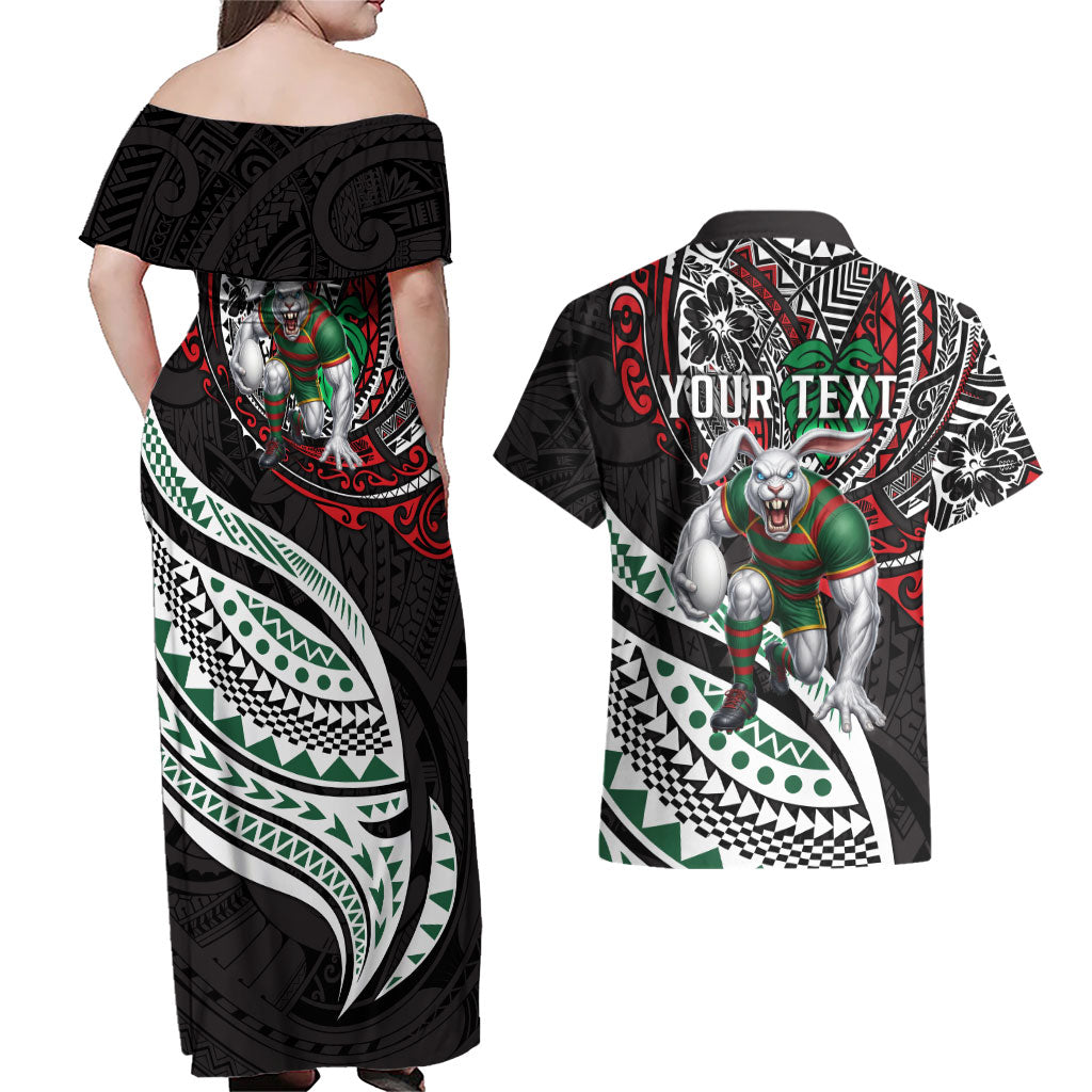Personalised South Sydney Rabbitohs Couples Matching Off Shoulder Maxi Dress and Hawaiian Shirt Polynesian Tribal Art Style With Powerful Rabbit Mascot