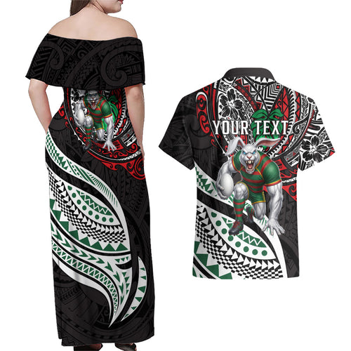 Personalised South Sydney Rabbitohs Couples Matching Off Shoulder Maxi Dress and Hawaiian Shirt Polynesian Tribal Art Style With Powerful Rabbit Mascot
