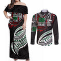 Personalised South Sydney Rabbitohs Couples Matching Off Shoulder Maxi Dress and Long Sleeve Button Shirt Polynesian Tribal Art Style With Powerful Rabbit Mascot