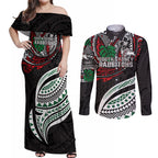 Personalised South Sydney Rabbitohs Couples Matching Off Shoulder Maxi Dress and Long Sleeve Button Shirt Polynesian Tribal Art Style With Powerful Rabbit Mascot
