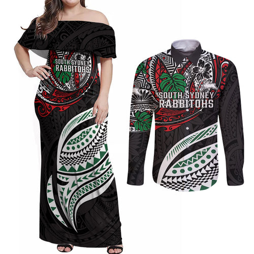 Personalised South Sydney Rabbitohs Couples Matching Off Shoulder Maxi Dress and Long Sleeve Button Shirt Polynesian Tribal Art Style With Powerful Rabbit Mascot