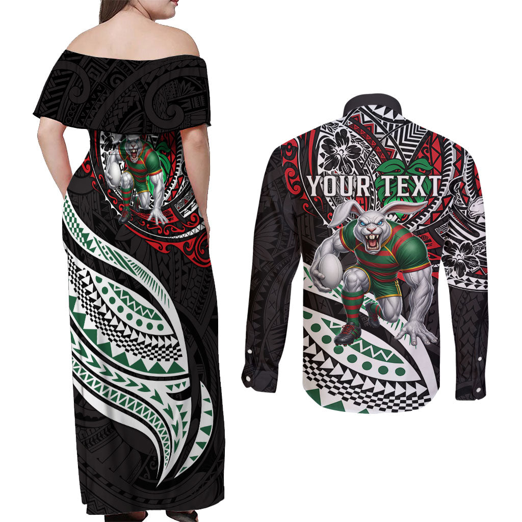 Personalised South Sydney Rabbitohs Couples Matching Off Shoulder Maxi Dress and Long Sleeve Button Shirt Polynesian Tribal Art Style With Powerful Rabbit Mascot