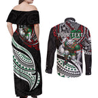 Personalised South Sydney Rabbitohs Couples Matching Off Shoulder Maxi Dress and Long Sleeve Button Shirt Polynesian Tribal Art Style With Powerful Rabbit Mascot