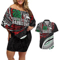 Personalised South Sydney Rabbitohs Couples Matching Off Shoulder Short Dress and Hawaiian Shirt Polynesian Tribal Art Style With Powerful Rabbit Mascot