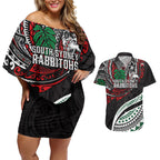 Personalised South Sydney Rabbitohs Couples Matching Off Shoulder Short Dress and Hawaiian Shirt Polynesian Tribal Art Style With Powerful Rabbit Mascot