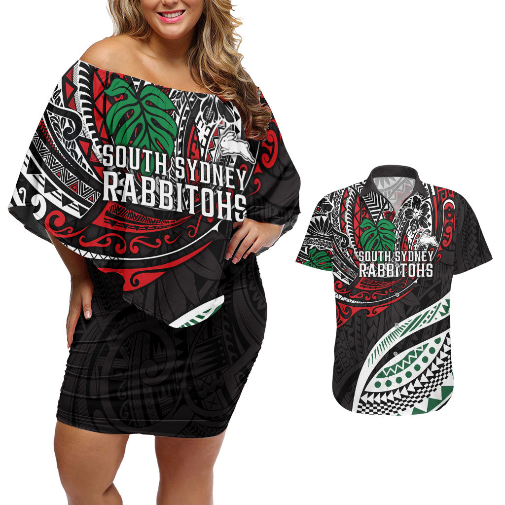 Personalised South Sydney Rabbitohs Couples Matching Off Shoulder Short Dress and Hawaiian Shirt Polynesian Tribal Art Style With Powerful Rabbit Mascot