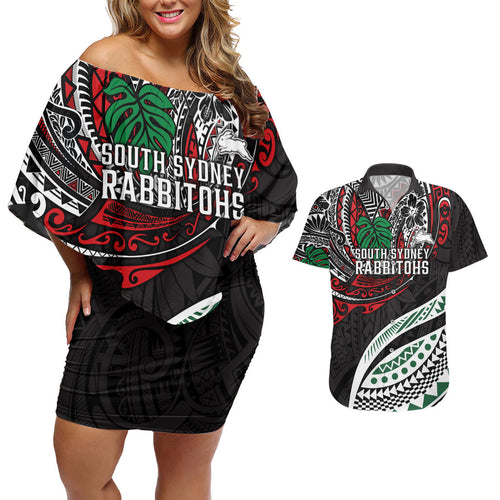Personalised South Sydney Rabbitohs Couples Matching Off Shoulder Short Dress and Hawaiian Shirt Polynesian Tribal Art Style With Powerful Rabbit Mascot