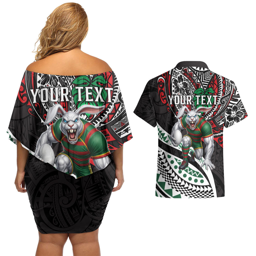 Personalised South Sydney Rabbitohs Couples Matching Off Shoulder Short Dress and Hawaiian Shirt Polynesian Tribal Art Style With Powerful Rabbit Mascot