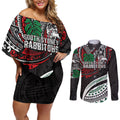 Personalised South Sydney Rabbitohs Couples Matching Off Shoulder Short Dress and Long Sleeve Button Shirt Polynesian Tribal Art Style With Powerful Rabbit Mascot